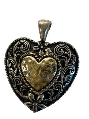 Heart-Shaped Two-Tone Pendant Intricate Floral Gold-Tone Center 2" Cottage Core